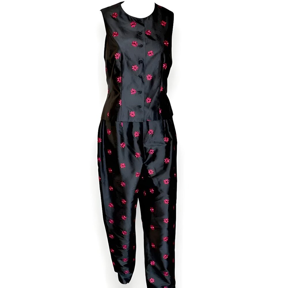 Vintage Carlisle Black Red Embroidered Silk Tapered Pants 12 & Vest Top 10 M/L
